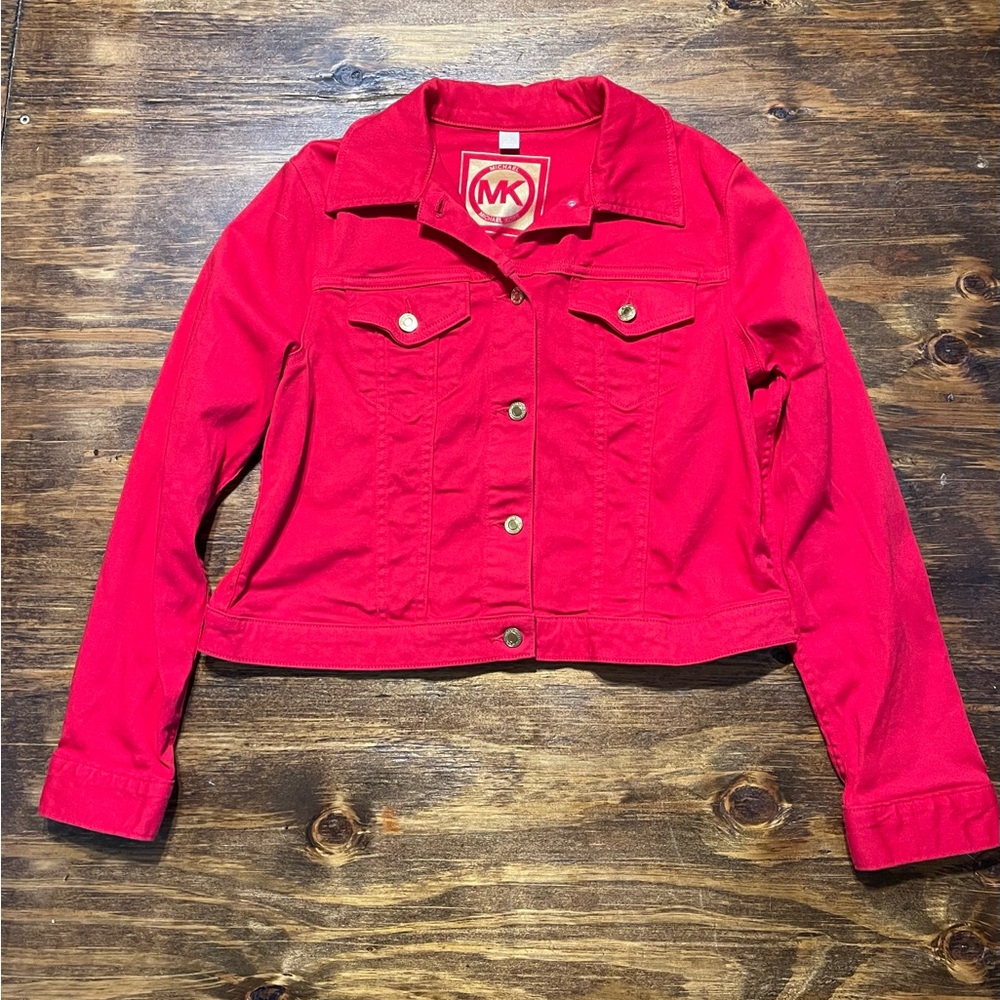 MICHAEL KORS Red Denim Jacket  Gold Button Front Details Sz Large